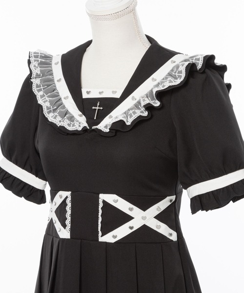 十字架レースフリルハートクロスベルトセーラーワンピース（ワンピース