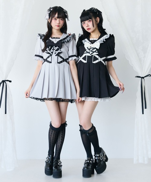 DearMyLove（ディアマイラブ）の「十字架レースフリルハートクロスベルトセーラーワンピース（ワンピース・レディース・ボルドー/パープル/ブラック/グレー・MEDIUM/LARGE/LL/3L）」の12枚目の写真