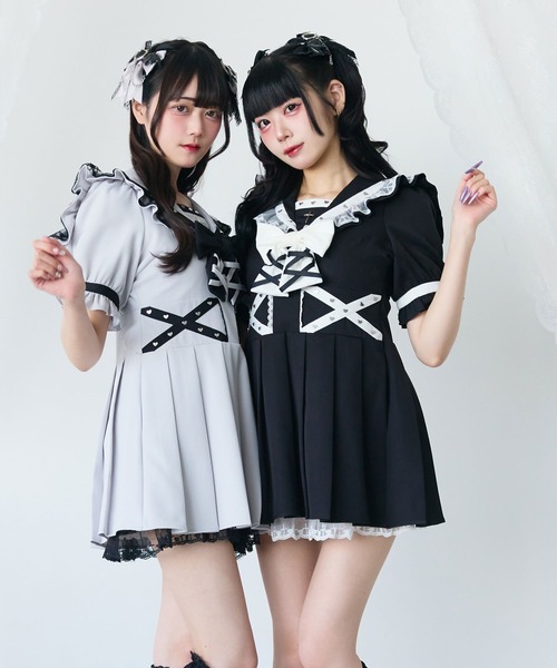 DearMyLove（ディアマイラブ）の「十字架レースフリルハートクロスベルトセーラーワンピース（ワンピース・レディース・ボルドー/パープル/ブラック/グレー・MEDIUM/LARGE/LL/3L）」の10枚目の写真