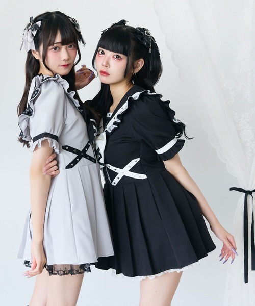 DearMyLove（ディアマイラブ）の「十字架レースフリルハートクロスベルトセーラーワンピース（ワンピース・レディース・ボルドー/パープル/ブラック/グレー・MEDIUM/LARGE/LL/3L）」の9枚目の写真