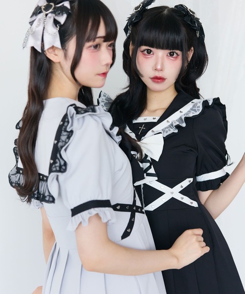 DearMyLove（ディアマイラブ）の「十字架レースフリルハートクロスベルトセーラーワンピース（ワンピース・レディース・ボルドー/パープル/ブラック/グレー・MEDIUM/LARGE/LL/3L）」の7枚目の写真