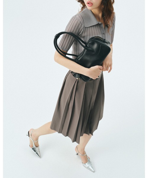 ブラウン ストラップ付きミュール 中ヒール ルーシュド ボウヒールミュール - Dark Brown | CHARLES & KEITH