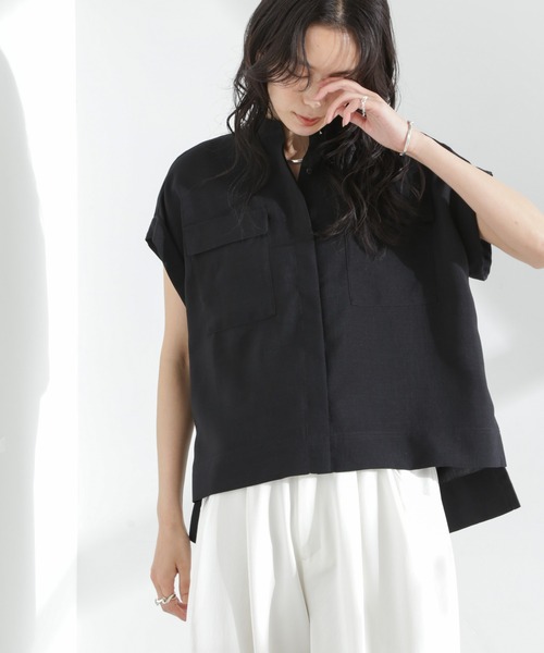 NANO universe（ナノユニバース）の「メランジドライ スタンドポケットシャツ(セットアップ可)（シャツ/ブラウス・レディース・ライトベージュ/ライトブルー/ブラック・S/M）」の9枚目の写真