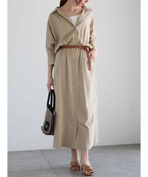 ベルト付きレーヨンリネンシャツワンピース