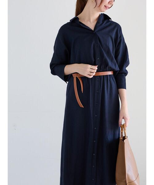 Te chichi（テチチ）の「ベルト付きレーヨンリネンシャツワンピース（ワンピース・レディース・カーキ/ネイビー/ベージュ・F）」の3枚目の写真