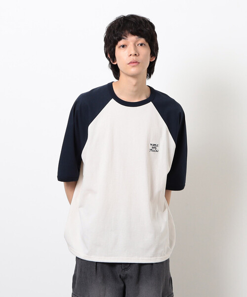 Purple&Yellow(パープルアンドイエロー)の「裾スピンドル ラグラン5分袖Tシャツ(Tシャツ/カットソー・メンズ・ホワイト×ブラック/ブラウン系その他/アイボリー系・SMALL/MEDIUM/LARGE)」の3枚目の写真