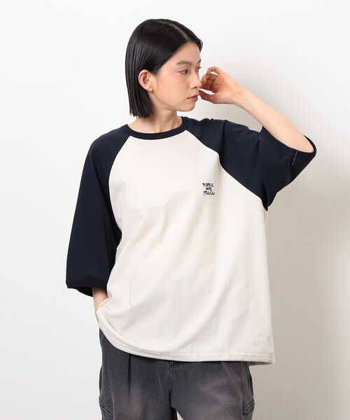 Purple&Yellow(パープルアンドイエロー)の「裾スピンドル ラグラン5分袖Tシャツ(Tシャツ/カットソー・メンズ・ホワイト×ブラック/ブラウン系その他/アイボリー系・SMALL/MEDIUM/LARGE)」の18枚目の写真