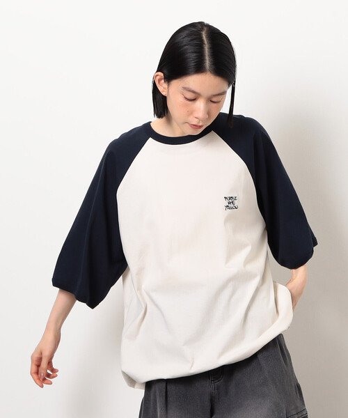 Purple&Yellow(パープルアンドイエロー)の「裾スピンドル ラグラン5分袖Tシャツ(Tシャツ/カットソー・メンズ・ホワイト×ブラック/ブラウン系その他/アイボリー系・SMALL/MEDIUM/LARGE)」の19枚目の写真