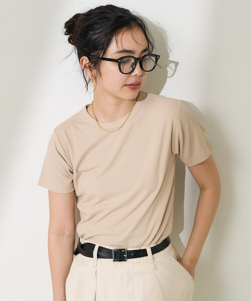 FREAK'S STORE(フリークスストア)の「<接触冷感/UVカット>ICE SUMMER ミニリブTシャツ/アイスサマーTシャツ(Tシャツ/カットソー・レディース・オフホワイト/ブラック/サックスブルー/ベージュ・フリ-)」の1枚目の写真