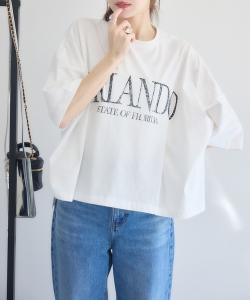 RU.TI.LE(ルチル)の「【RU.TI.LE】ビッグシルエットロゴT(Tシャツ/カットソー・レディース・グレイッシュベージュ/オレンジ/ホワイト・MEDIUM)」の1枚目の写真