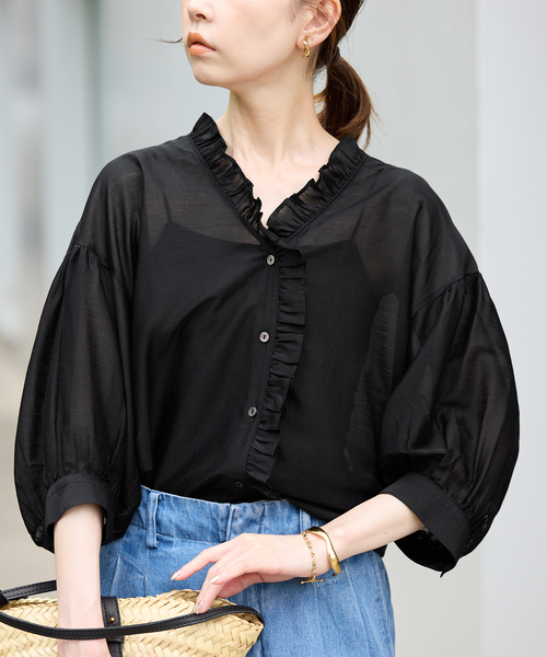 SLOBE IENA(スローブイエナ)の「カールマイヤーミニフリル 5分袖ブラウス(シャツ/ブラウス・レディース・ブラウン/ブラック・FREE)」の10枚目の写真
