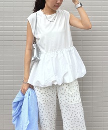 ISOOK | 【ISOOK / アイスー】バルーンペプラムフレンチT / シンプルトップス チュニック ロング丈 クルーネック ラウンドネック ノースリーブ フレンチスリーブ カットソー ブラウス 白T 黒T ホワイト ブラック ZOZOTOWN限定(シャツ/ブラウス)