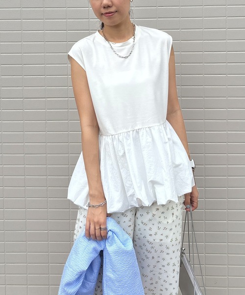 ISOOK（アイスー）の「【ISOOK / アイスー】バルーンペプラムフレンチT / シンプルトップス チュニック ロング丈 クルーネック ラウンドネック ノースリーブ フレンチスリーブ カットソー ブラウス 白T 黒T ホワイト ブラック ZOZOTOWN限定（シャツ/ブラウス・レディース・ブラック/ホワイト・FREE）」の12枚目の写真