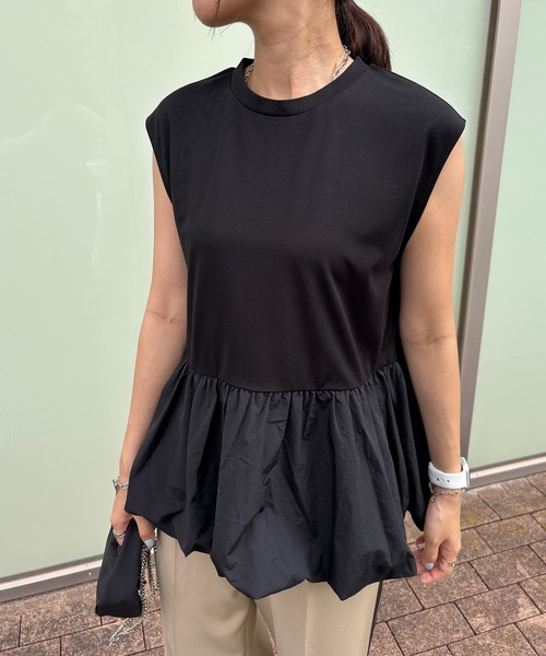 ISOOK（アイスー）の「【ISOOK / アイスー】バルーンペプラムフレンチT / シンプルトップス チュニック ロング丈 クルーネック ラウンドネック ノースリーブ フレンチスリーブ カットソー ブラウス 白T 黒T ホワイト ブラック ZOZOTOWN限定（シャツ/ブラウス・レディース・ブラック/ホワイト・FREE）」の15枚目の写真