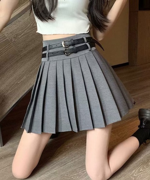 ROOPTOKYO(ループトウキョウ)の「Pleated skirt with belt / ベルト付き プリーツスカート(スカート・レディース・グレー/ブラック・FREE)」の1枚目の写真
