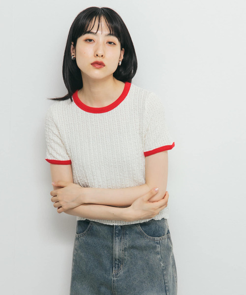 KBF（ケイビーエフ）の「バイカラーレースTEE（Tシャツ/カットソー・レディース・アイボリー/ブラック/グリーン系その他・ONE）」の2枚目の写真