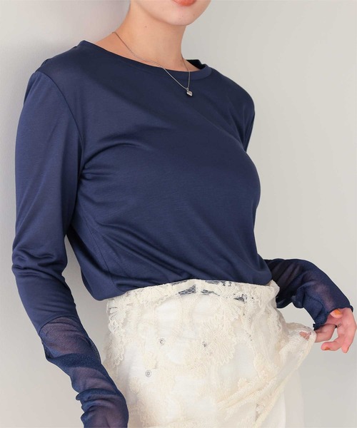 titivate（ティティベイト）の「袖切替ロングスリーブシアートップス（Tシャツ/カットソー・レディース・ネイビー/ブラック/ブラウン/オフホワイト/ブルー・M/L）」の6枚目の写真