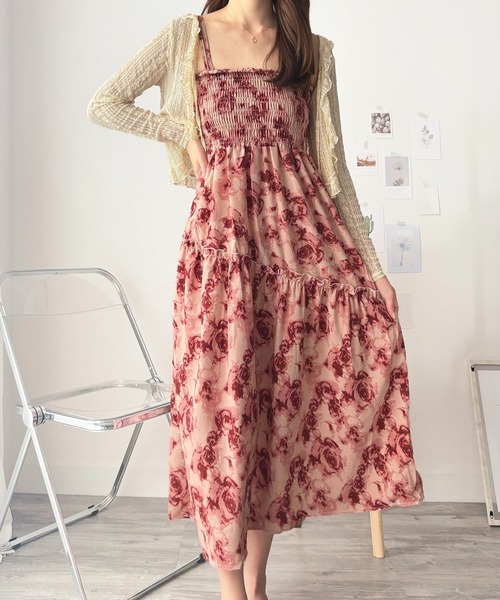 [THE TIS] PEONY シャーリング マキシワンピース / 韓国ブランド セール】甘さと大人っぽさが絶妙♪ 花柄シャーリングマキシ
