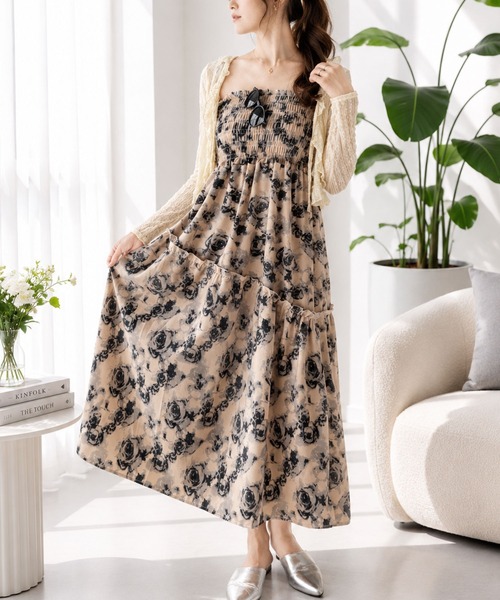 Amulet(アミュレット)の「【人気アイテム 再入荷】甘さと大人っぽさが絶妙♪ 花柄シャーリングマキシワンピース(ワンピース・レディース・ブラック/ピンク・S/M/L/XL)」の9枚目の写真