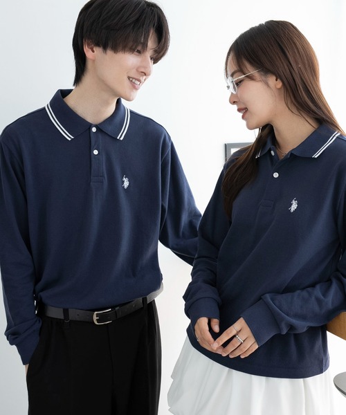 U.S. POLO ASSN.（ユーエスポロアッスン）の「∴WEGO/【大人気アイテムが26春夏も再入荷★】U.S. POLO ASSN.別注ラインポロシャツ(長袖)（ポロシャツ・レディース・アイボリー/コーラル/ネイビー/グレー/ブラック/ブラウン・LARGE/MEDIUM/SMALL）」の5枚目の写真