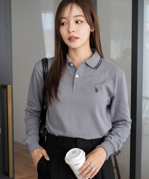 U.S. POLO ASSN.（ユーエスポロアッスン）の「∴WEGO/【大人気アイテムが26春夏も再入荷★】U.S. POLO ASSN.別注ラインポロシャツ(長袖)（ポロシャツ・レディース・アイボリー/コーラル/ネイビー/グレー/ブラック/ブラウン・LARGE/MEDIUM/SMALL）」の3枚目の写真