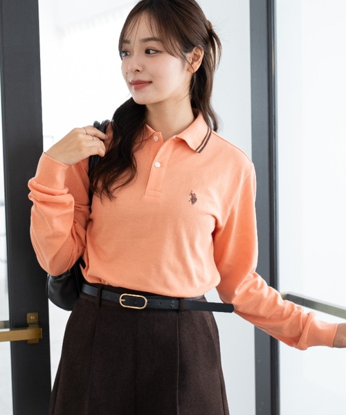 U.S. POLO ASSN.（ユーエスポロアッスン）の「∴WEGO/【大人気アイテムが26春夏も再入荷★】U.S. POLO ASSN.別注ラインポロシャツ(長袖)（ポロシャツ・レディース・アイボリー/コーラル/ネイビー/グレー/ブラック/ブラウン・LARGE/MEDIUM/SMALL）」の6枚目の写真