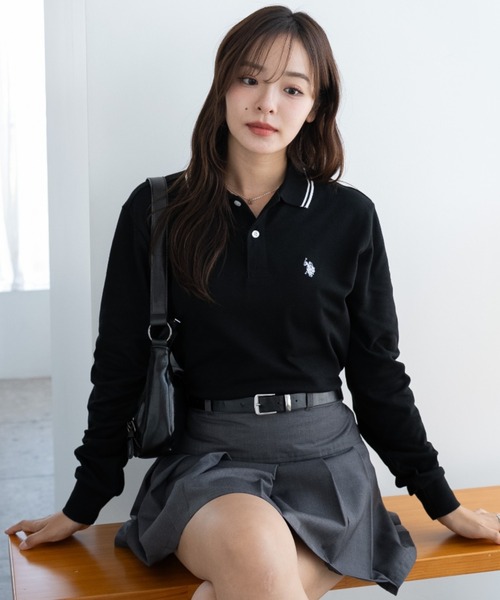 U.S. POLO ASSN.（ユーエスポロアッスン）の「∴WEGO/【大人気アイテムが26春夏も再入荷★】U.S. POLO ASSN.別注ラインポロシャツ(長袖)（ポロシャツ・レディース・アイボリー/コーラル/ネイビー/グレー/ブラック/ブラウン・LARGE/MEDIUM/SMALL）」の2枚目の写真