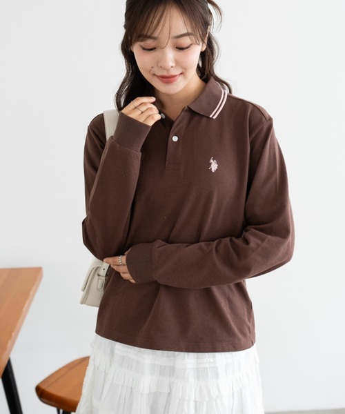 U.S. POLO ASSN.（ユーエスポロアッスン）の「∴WEGO/【大人気アイテムが26春夏も再入荷★】U.S. POLO ASSN.別注ラインポロシャツ(長袖)（ポロシャツ・レディース・アイボリー/コーラル/ネイビー/グレー/ブラック/ブラウン・LARGE/MEDIUM/SMALL）」の12枚目の写真