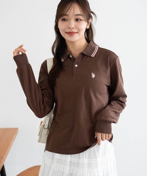 U.S. POLO ASSN.（ユーエスポロアッスン）の「∴WEGO/【大人気アイテムが26春夏も再入荷★】U.S. POLO ASSN.別注ラインポロシャツ(長袖)（ポロシャツ・レディース・アイボリー/コーラル/ネイビー/グレー/ブラック/ブラウン・LARGE/MEDIUM/SMALL）」の11枚目の写真