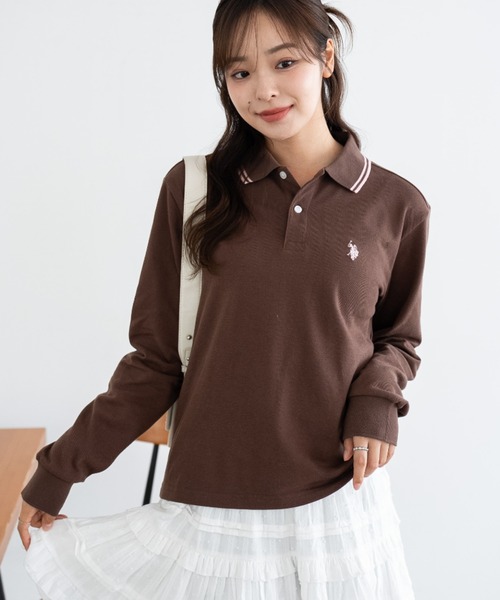 U.S. POLO ASSN.（ユーエスポロアッスン）の「∴WEGO/【大人気アイテムが26春夏も再入荷★】U.S. POLO ASSN.別注ラインポロシャツ(長袖)（ポロシャツ・レディース・アイボリー/コーラル/ネイビー/グレー/ブラック/ブラウン・LARGE/MEDIUM/SMALL）」の7枚目の写真