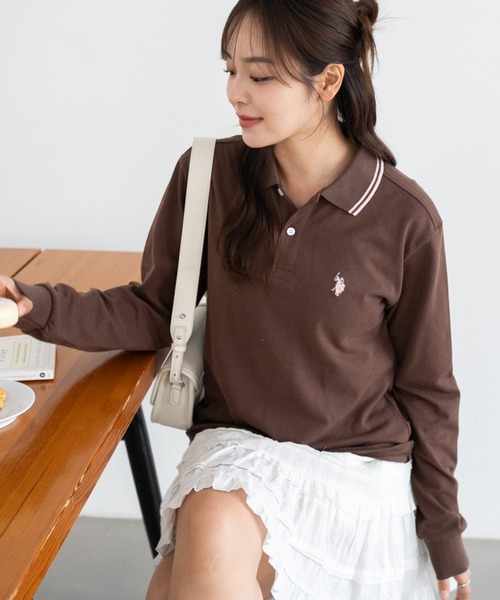 U.S. POLO ASSN.（ユーエスポロアッスン）の「∴WEGO/【大人気アイテムが26春夏も再入荷★】U.S. POLO ASSN.別注ラインポロシャツ(長袖)（ポロシャツ・レディース・アイボリー/コーラル/ネイビー/グレー/ブラック/ブラウン・LARGE/MEDIUM/SMALL）」の8枚目の写真