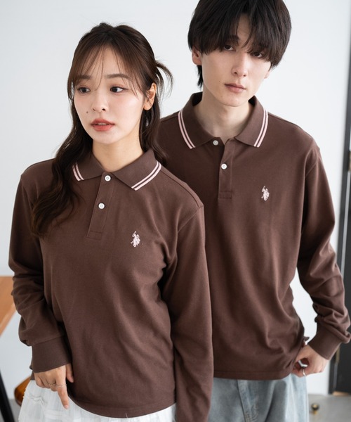 U.S. POLO ASSN.（ユーエスポロアッスン）の「∴WEGO/【大人気アイテムが26春夏も再入荷★】U.S. POLO ASSN.別注ラインポロシャツ(長袖)（ポロシャツ・レディース・アイボリー/コーラル/ネイビー/グレー/ブラック/ブラウン・LARGE/MEDIUM/SMALL）」の9枚目の写真