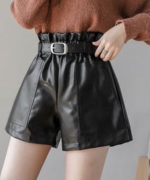 shoppinggo（ショッピングゴー）の「ボードショートパンツ ベルト付き　ハイウエストレディース フェイクレザーショートパンツ（その他パンツ・レディース）」
