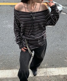 LYEON（リヨン）の「ヘンリーネックマルチボーダーオフショルロンT（Tシャツ/カットソー）」