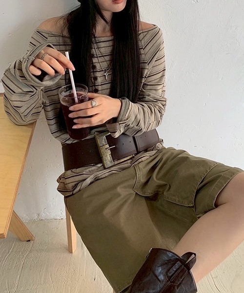 セール】ヘンリーネックマルチボーダーオフショルロンT（Tシャツ