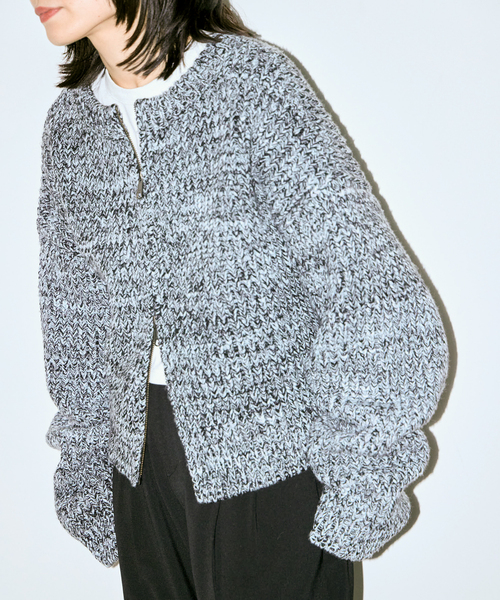 CITYSHOP(シティーショップ)の「AZE BULKY ZIP カーディガン:ニット(ニット/セーター・レディース・ブラック/パープル・FREE)」の1枚目の写真