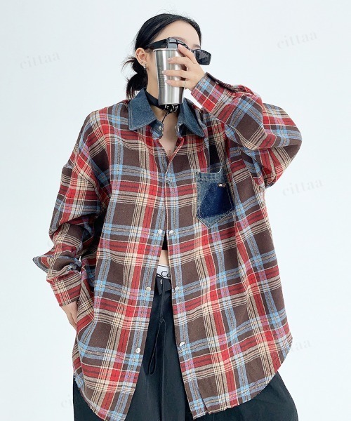 Dalfwin(ダールフィン)の「韓国ファッション デニムドッキングチェック柄シャツ(シャツ/ブラウス・レディース・レッド/イエロー・FREE)」の2枚目の写真