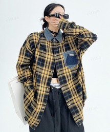 Dalfwin | 韓国ファッション デニムドッキングチェック柄シャツ(シャツ/ブラウス)