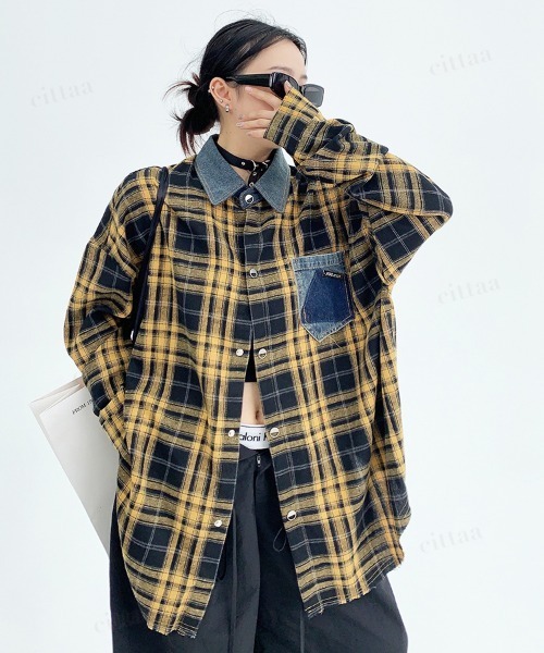 Dalfwin(ダールフィン)の「韓国ファッション デニムドッキングチェック柄シャツ(シャツ/ブラウス・レディース・レッド/イエロー・FREE)」の3枚目の写真