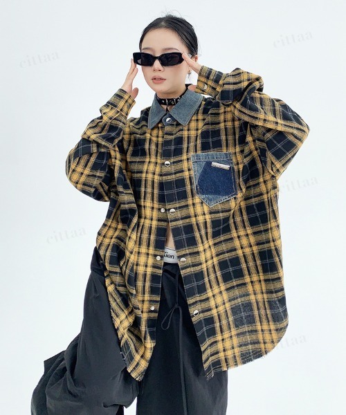 Dalfwin(ダールフィン)の「韓国ファッション デニムドッキングチェック柄シャツ(シャツ/ブラウス・レディース・レッド/イエロー・FREE)」の5枚目の写真
