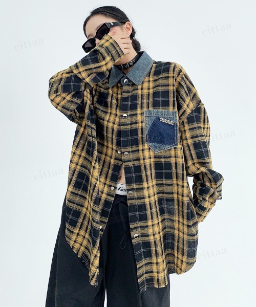 Dalfwin(ダールフィン)の「韓国ファッション デニムドッキングチェック柄シャツ(シャツ/ブラウス・レディース・レッド/イエロー・FREE)」の6枚目の写真