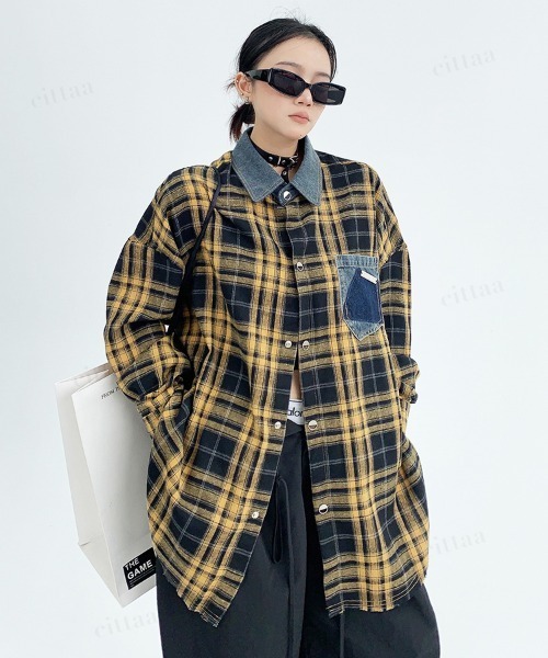 Dalfwin(ダールフィン)の「韓国ファッション デニムドッキングチェック柄シャツ(シャツ/ブラウス・レディース・レッド/イエロー・FREE)」の7枚目の写真