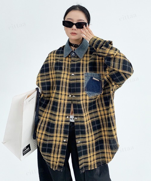 Dalfwin(ダールフィン)の「韓国ファッション デニムドッキングチェック柄シャツ(シャツ/ブラウス・レディース・レッド/イエロー・FREE)」の8枚目の写真
