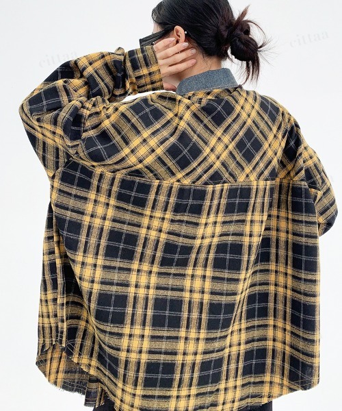 Dalfwin(ダールフィン)の「韓国ファッション デニムドッキングチェック柄シャツ(シャツ/ブラウス・レディース・レッド/イエロー・FREE)」の9枚目の写真
