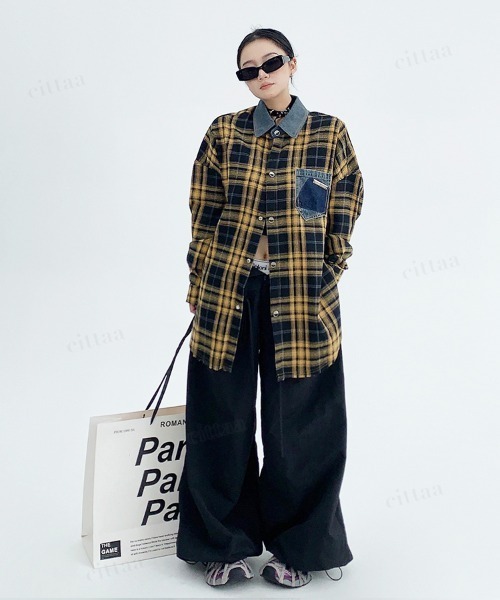 Dalfwin(ダールフィン)の「韓国ファッション デニムドッキングチェック柄シャツ(シャツ/ブラウス・レディース・レッド/イエロー・FREE)」の11枚目の写真