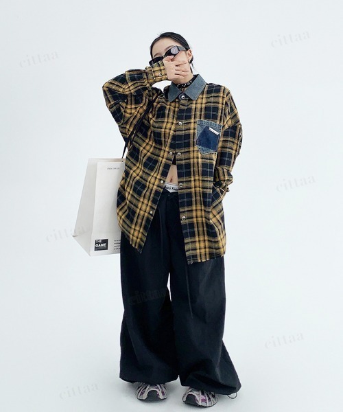 Dalfwin(ダールフィン)の「韓国ファッション デニムドッキングチェック柄シャツ(シャツ/ブラウス・レディース・レッド/イエロー・FREE)」の12枚目の写真