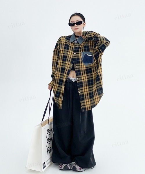 Dalfwin(ダールフィン)の「韓国ファッション デニムドッキングチェック柄シャツ(シャツ/ブラウス・レディース・レッド/イエロー・FREE)」の13枚目の写真