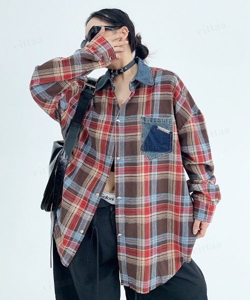 Dalfwin(ダールフィン)の「韓国ファッション デニムドッキングチェック柄シャツ(シャツ/ブラウス・レディース・レッド/イエロー・FREE)」の17枚目の写真