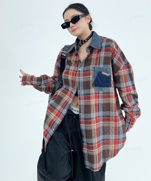 Dalfwin(ダールフィン)の「韓国ファッション デニムドッキングチェック柄シャツ(シャツ/ブラウス・レディース・レッド/イエロー・FREE)」の18枚目の写真