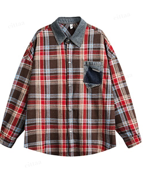 Dalfwin(ダールフィン)の「韓国ファッション デニムドッキングチェック柄シャツ(シャツ/ブラウス・レディース・レッド/イエロー・FREE)」の22枚目の写真